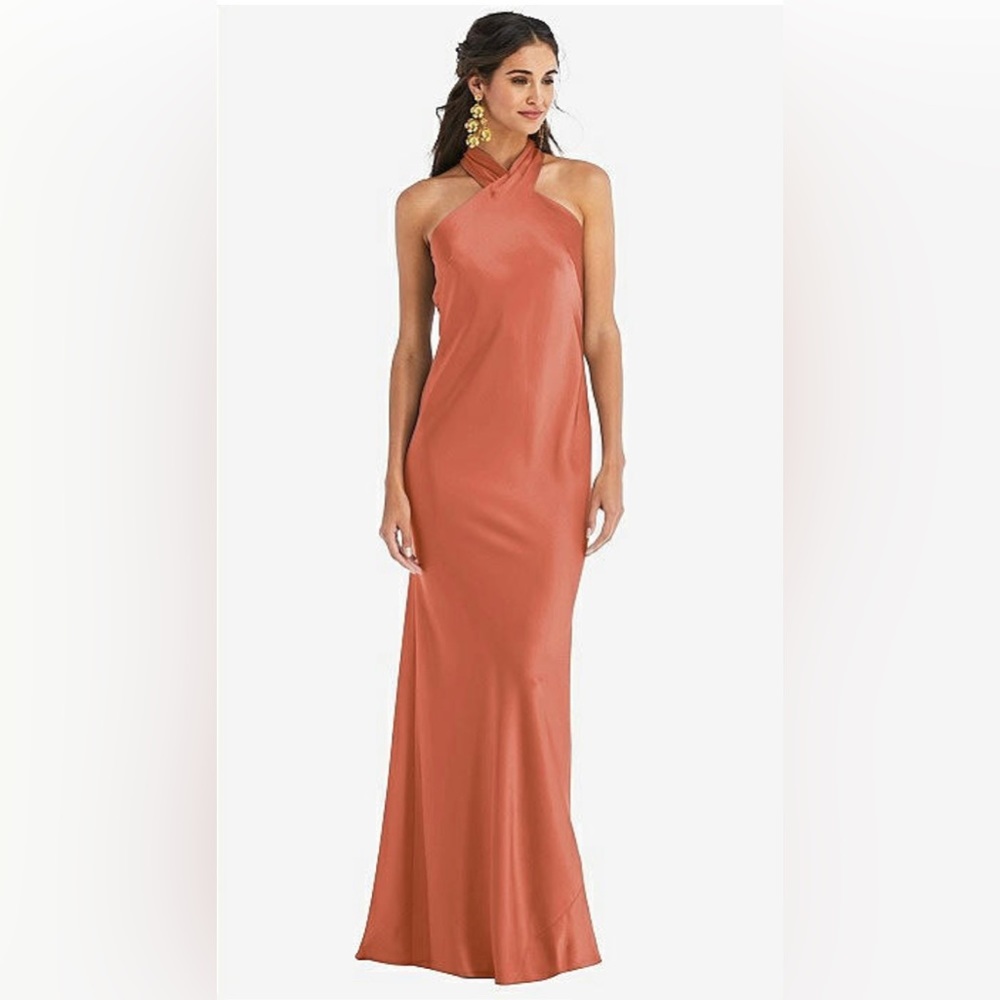 DRAPED TWIST HALTER TIE-BACK TRUMPET GOWN dessy